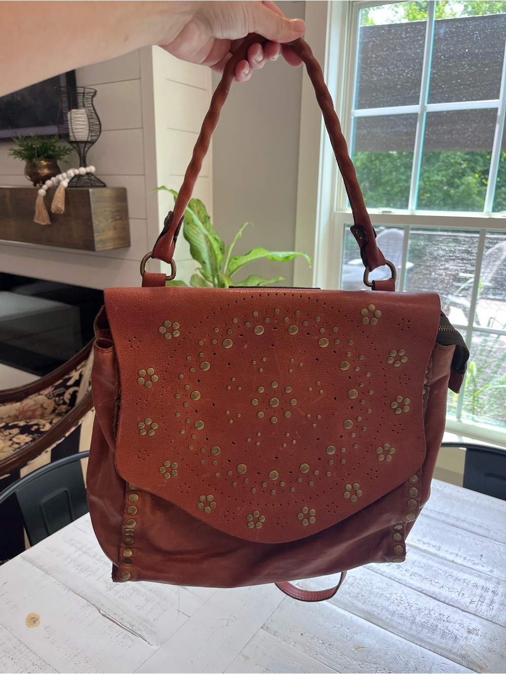Patricia Nash Genuine Leather Backpack Purse – Tan Studded Convertible Bag – NWT